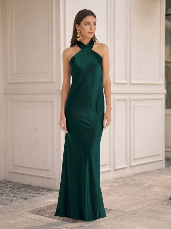 Dessy Collection Dresses & Skirts - Lovely by Dessy Draped Twist Halter Charmeuse Trumpet Gown Dress Evergreen 1X